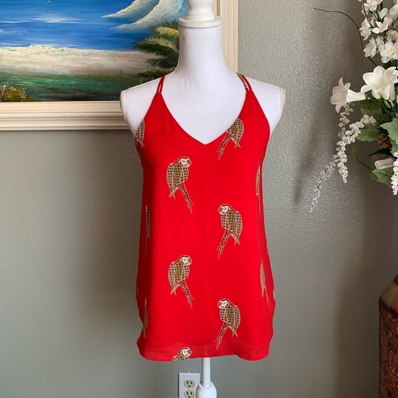 Loft Halter Spaghetti Strap V-neck Red Parrot Print Top Size SP - Picture 12 of 17